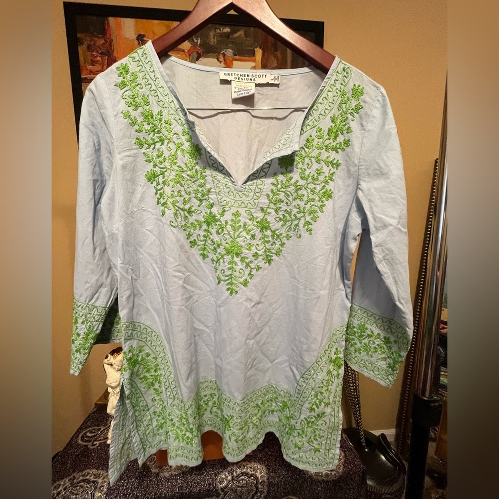 Gretchen Scott Blue Green Embroidered Semi
Sheer Tunic Top Women's Size L